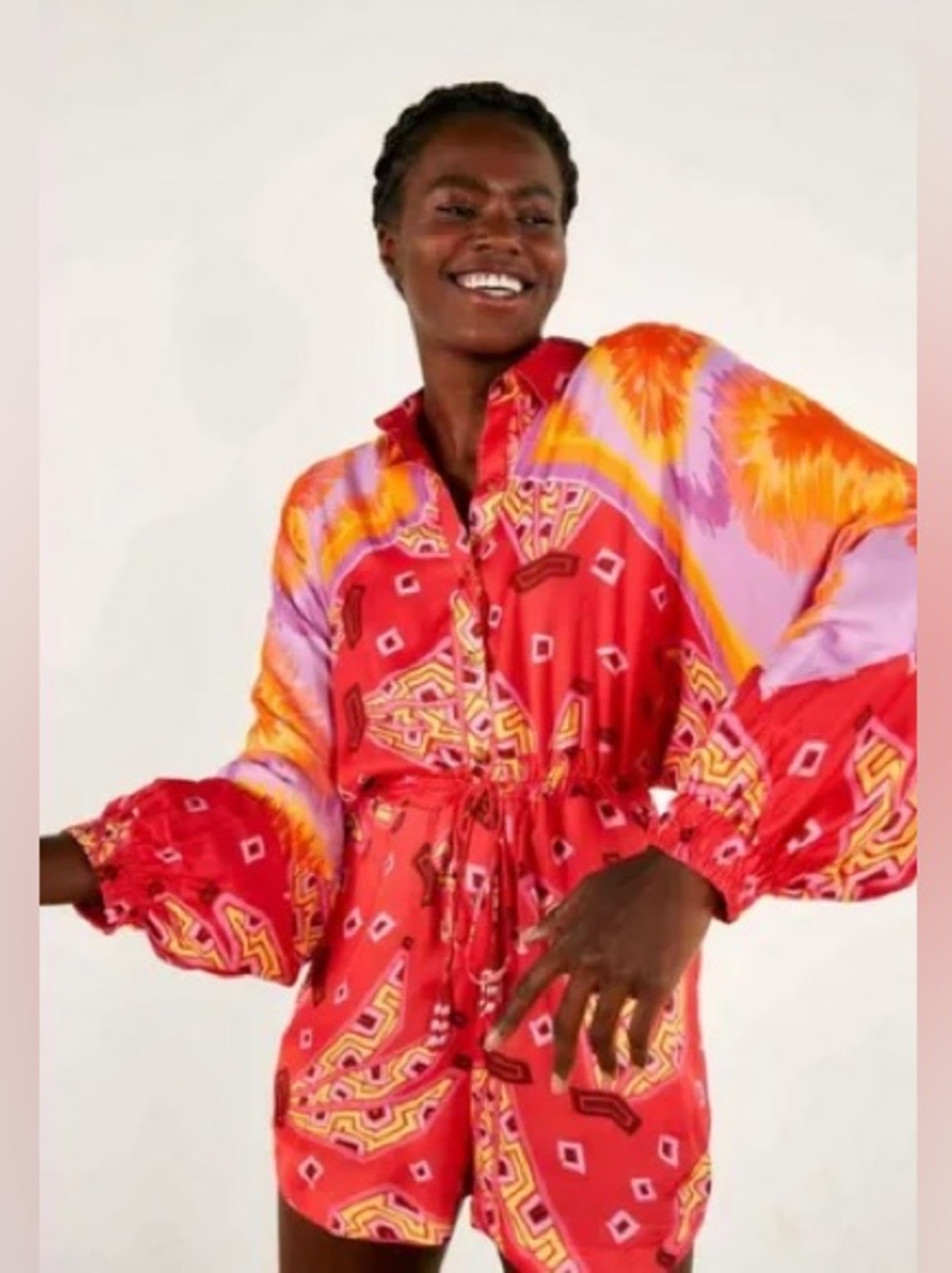 NWT FARM Rio Tiki Bananas Scarf-sleeve Romper In Red Tiki Tye Dye Cashew size XL